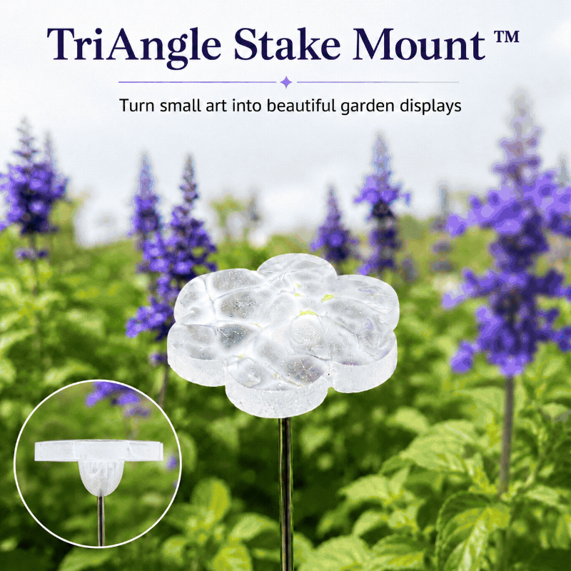 Video demonstrating TriAngle Stake Mounts attached to fused glass garden art at 0°, 45° and 90° display angles. 