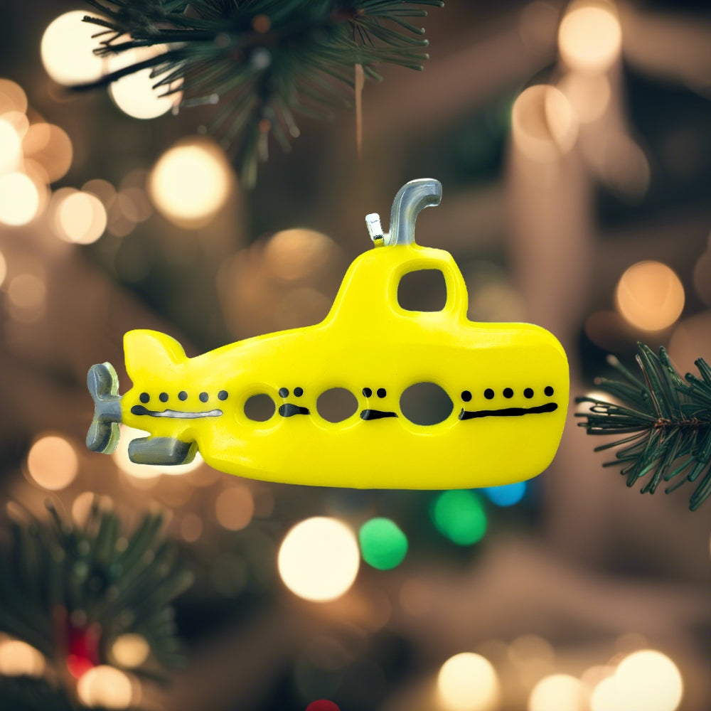 A yellow Submarine fused glass Christmas Ornament