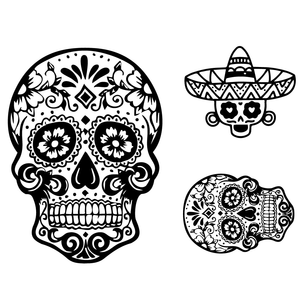 Day of the Dead sugar skull silk screen stencil with ornate floral skull designs shown in three sizes, designed for screen printing on glass and mixed media