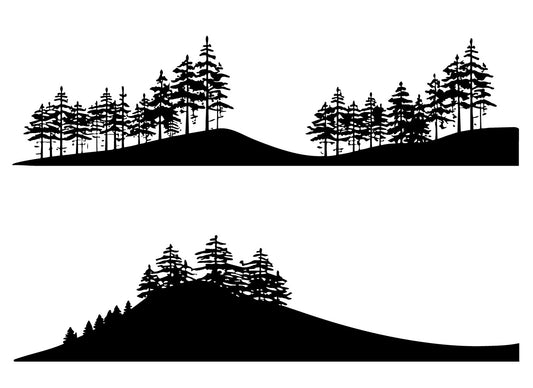 Forest silhouette silk screen stencil design featuring pine trees on rolling hills in two horizontal landscape variations