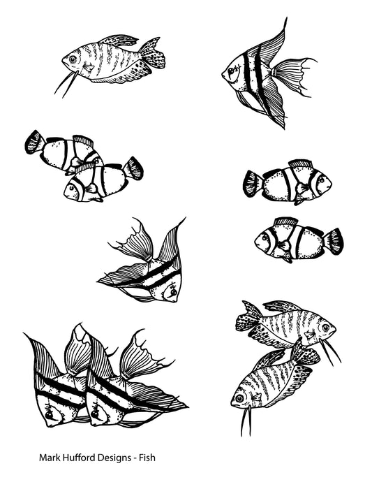 Hand-drawn tropical fish screen print by Mark Hufford for fused glass and enamel painting β clownfish, angelfish, and gouramis design