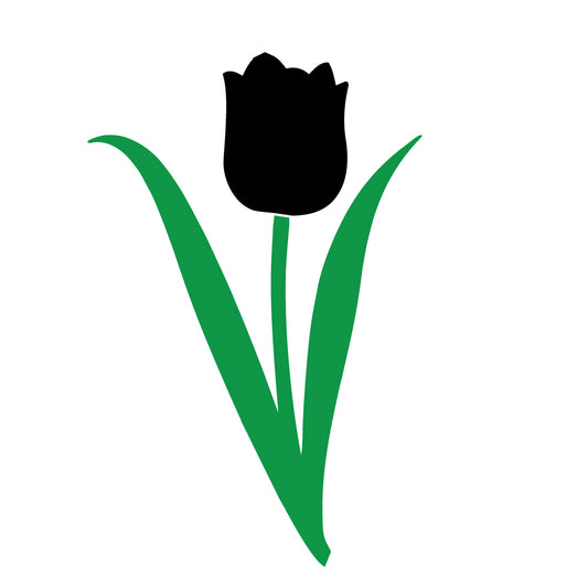 Tulip precut glass shape with green stem and leaves made from Oceanside COE 96 fusible glass for fused glass art, Easter projects, spring decorations, and kiln-fired glass designs.