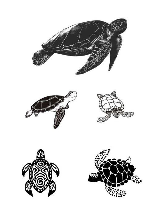 Silk screen stencil design showing six turtle illustrations, including realistic and graphic turtle styles for glass printing