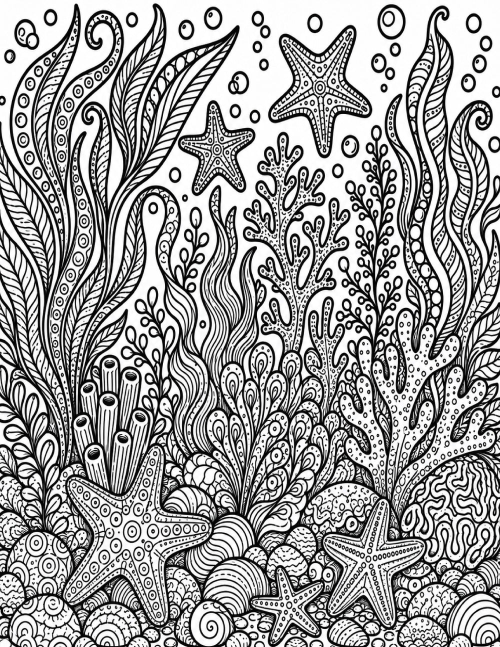 Black and white underwater reef silk screen pattern featuring seaweed, coral, starfish, shells and bubbles for fused glass printing.