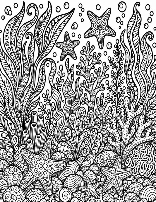 Black and white underwater reef silk screen pattern featuring seaweed, coral, starfish, shells and bubbles for fused glass printing.