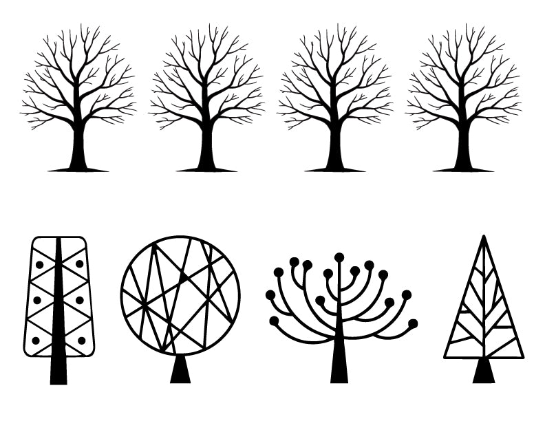 Silk screen stencil for glass printing featuring four seasonal tree designs and four modern abstract tree illustrations for fused glass art