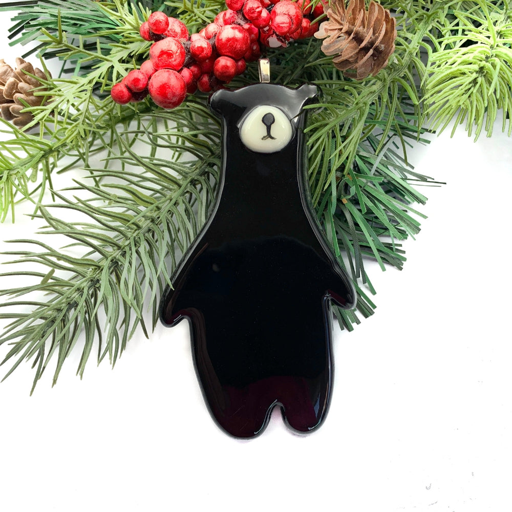 Fused Glass Black Bear Ornament