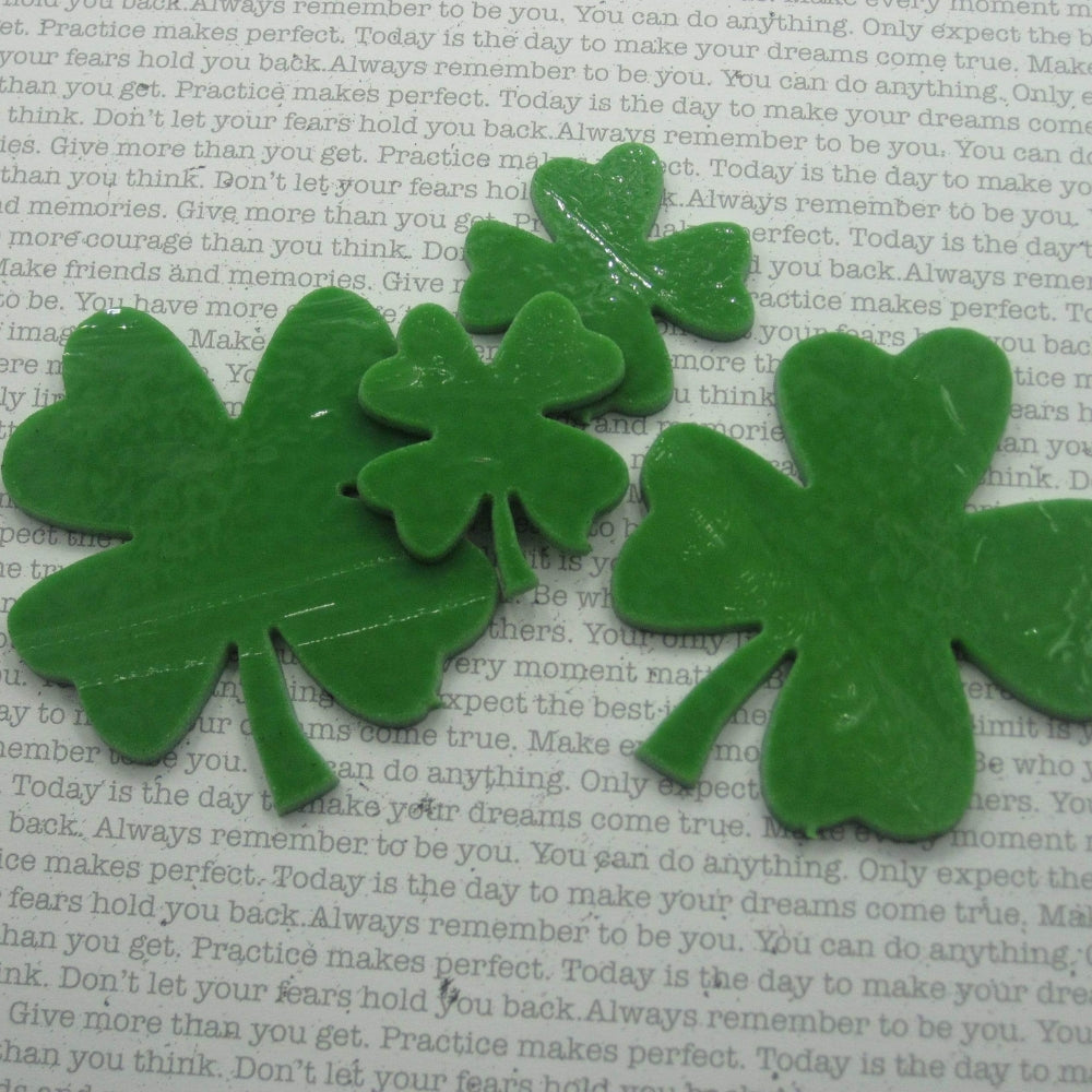 Precut glass shape of a 4 leaf clover as fern green in multiple sizes.