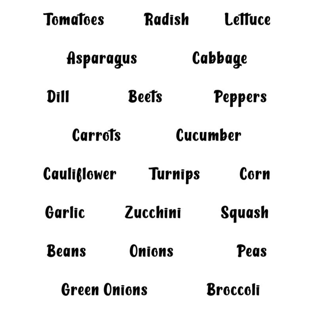 Vegetable names for screen printing on plant stakes