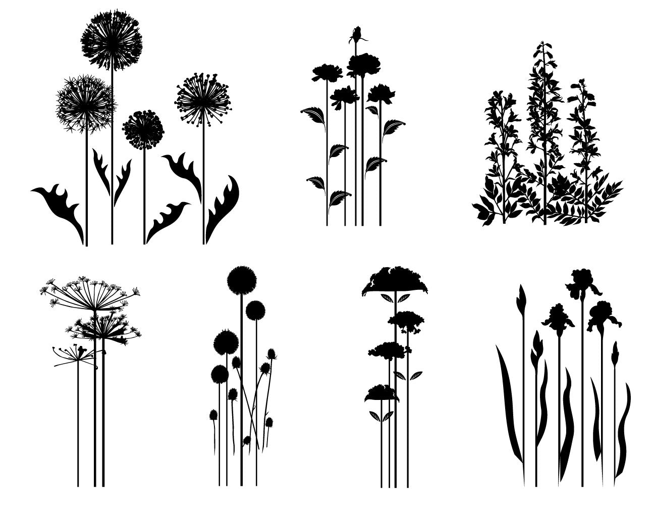 Wildflower meadow silk screen stencil set featuring seven botanical floral and garden designs for fused glass and ceramic artwork