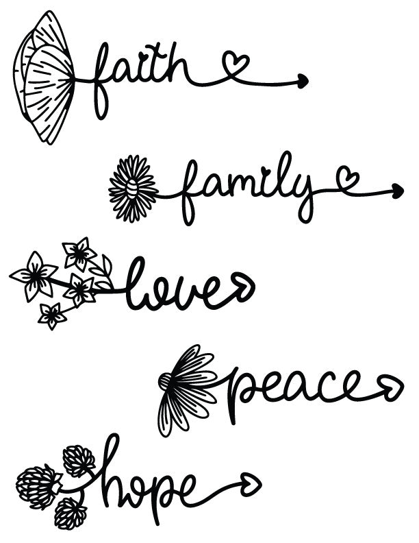 Inspirational floral word art silk screen stencil featuring faith family love peace and hope designs for fused glass and ceramic artwork