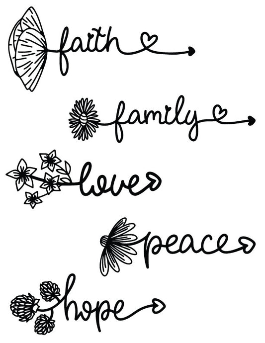 Inspirational floral word art silk screen stencil featuring faith family love peace and hope designs for fused glass and ceramic artwork