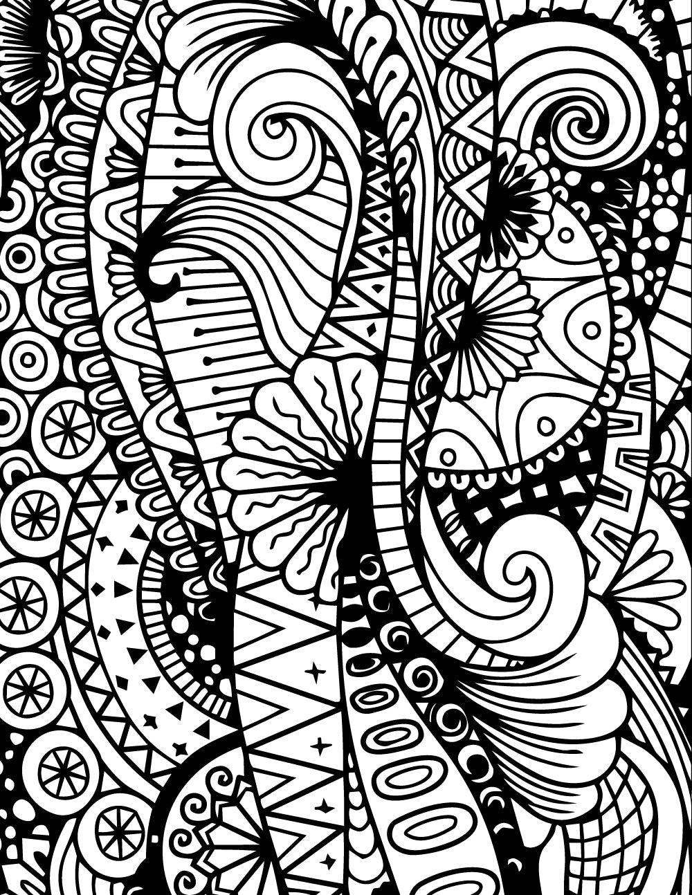 Abstract black and white doodle pattern with flowers, spirals, geometric shapes, circles and flowing linework for glass screen printing.