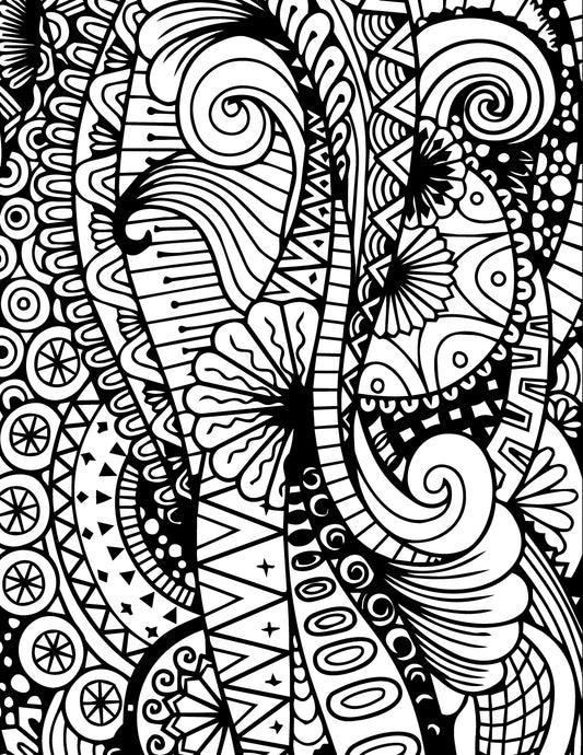Abstract black and white doodle pattern with flowers, spirals, geometric shapes, circles and flowing linework for glass screen printing.