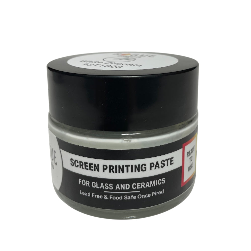 Jar of Zirconia White screen printing paste showing bright, creamy white color and smooth consistency