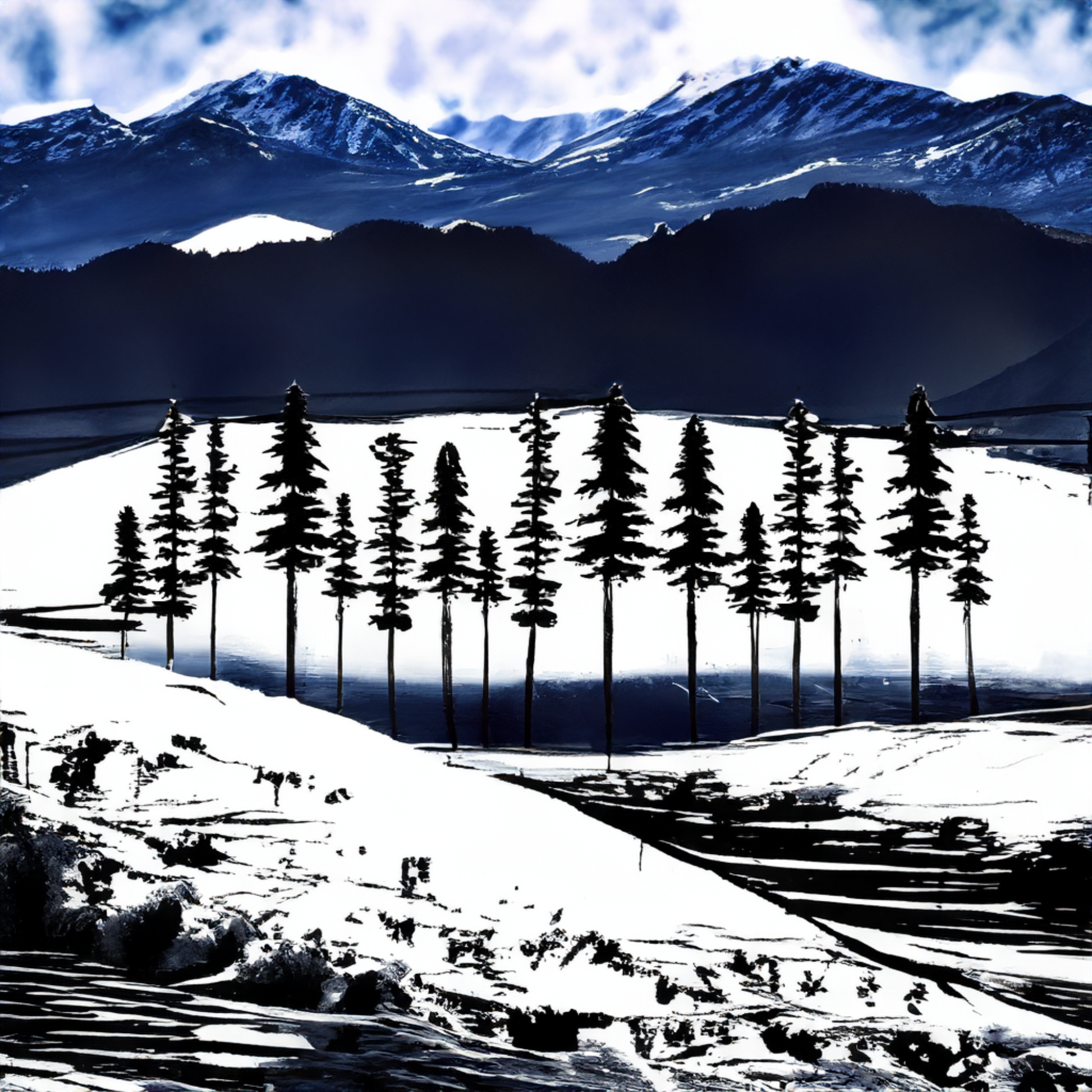 Stylized winter mountain landscape with snow-covered hills, deep blue mountain peaks, and a row of tall evergreen trees in the foreground, suitable for fused glass or screen printed artwork.