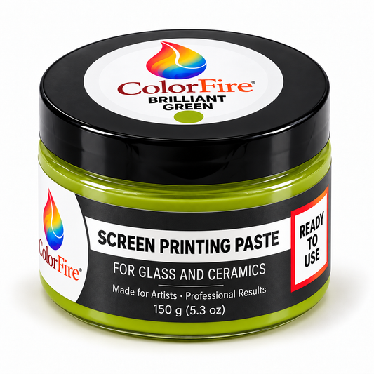Brilliant Green ColorFire glass enamel screen printing paste in new packaging, 150 g (5.3 oz) jar with black lid on a white background.