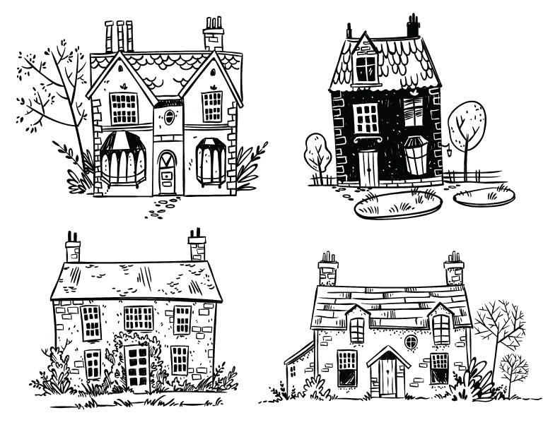 Silk screen featuring four hand-drawn English cottage illustrations for use in fused glass and ceramics.