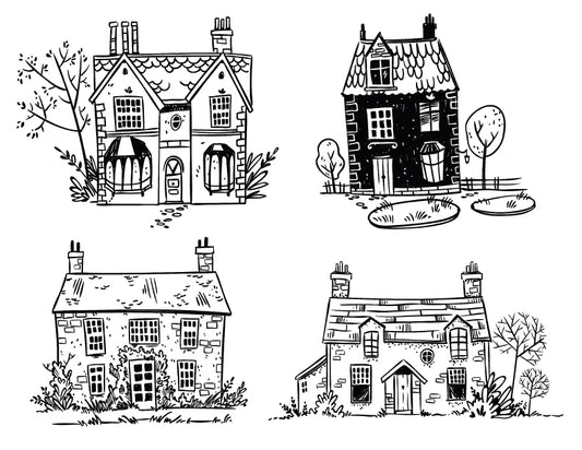 Silk screen featuring four hand-drawn English cottage illustrations for use in fused glass and ceramics.