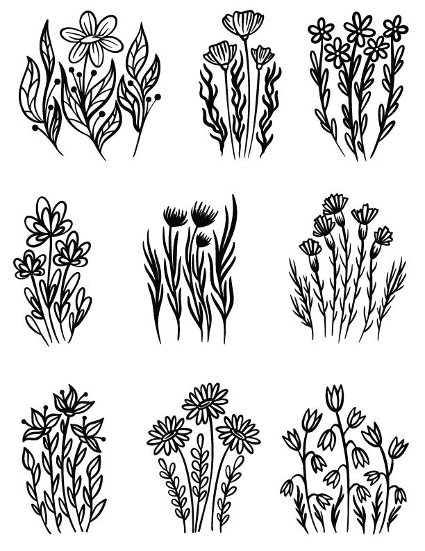 Reusable wildflower stencil featuring 9 mini hand-drawn floral bundle designs. Ideal for screen printing, fused glass art, print making designs, and aesthetic DIY crafts.