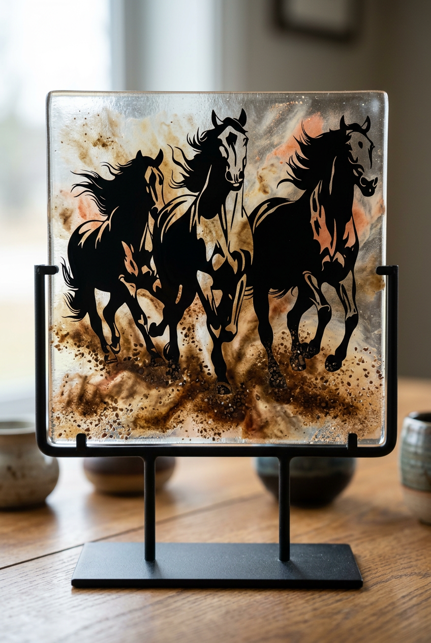 Black screen-printed horses running across a warm brown and amber fused glass panel, displayed upright in a black metal stand.