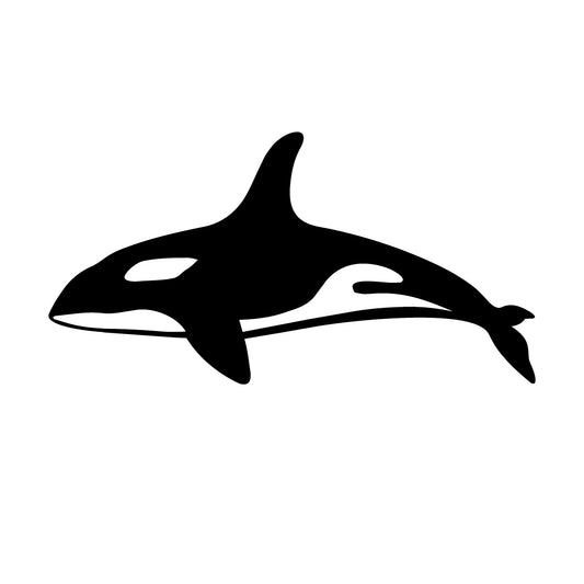 Black and white killer whale (orca) design facing left, with a tall dorsal fin and distinctive white eye patch.