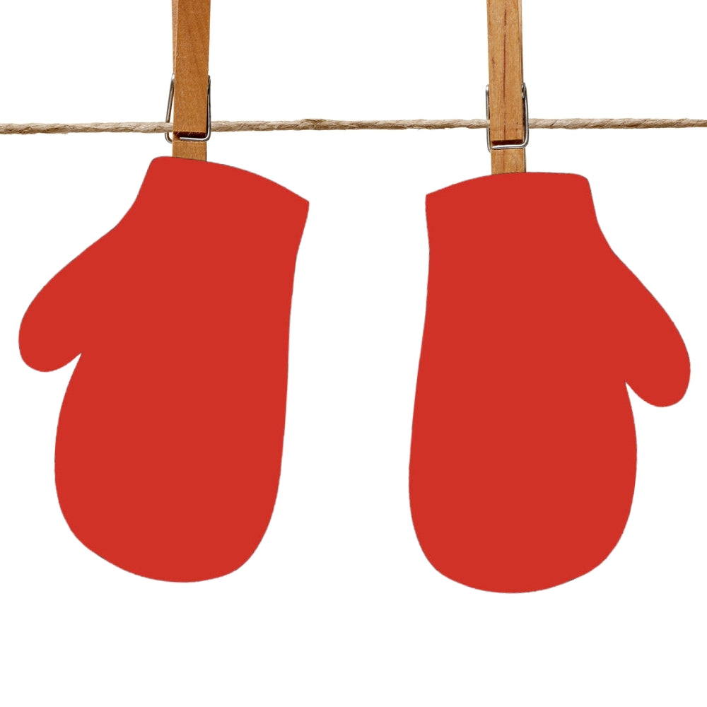 Precut glass shape of mittens in red hanging from a clothes line.