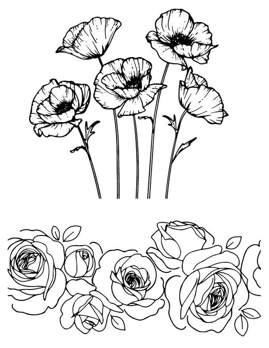 Poppies and roses silk screen stencil set featuring botanical floral artwork for fused glass and ceramic art projects