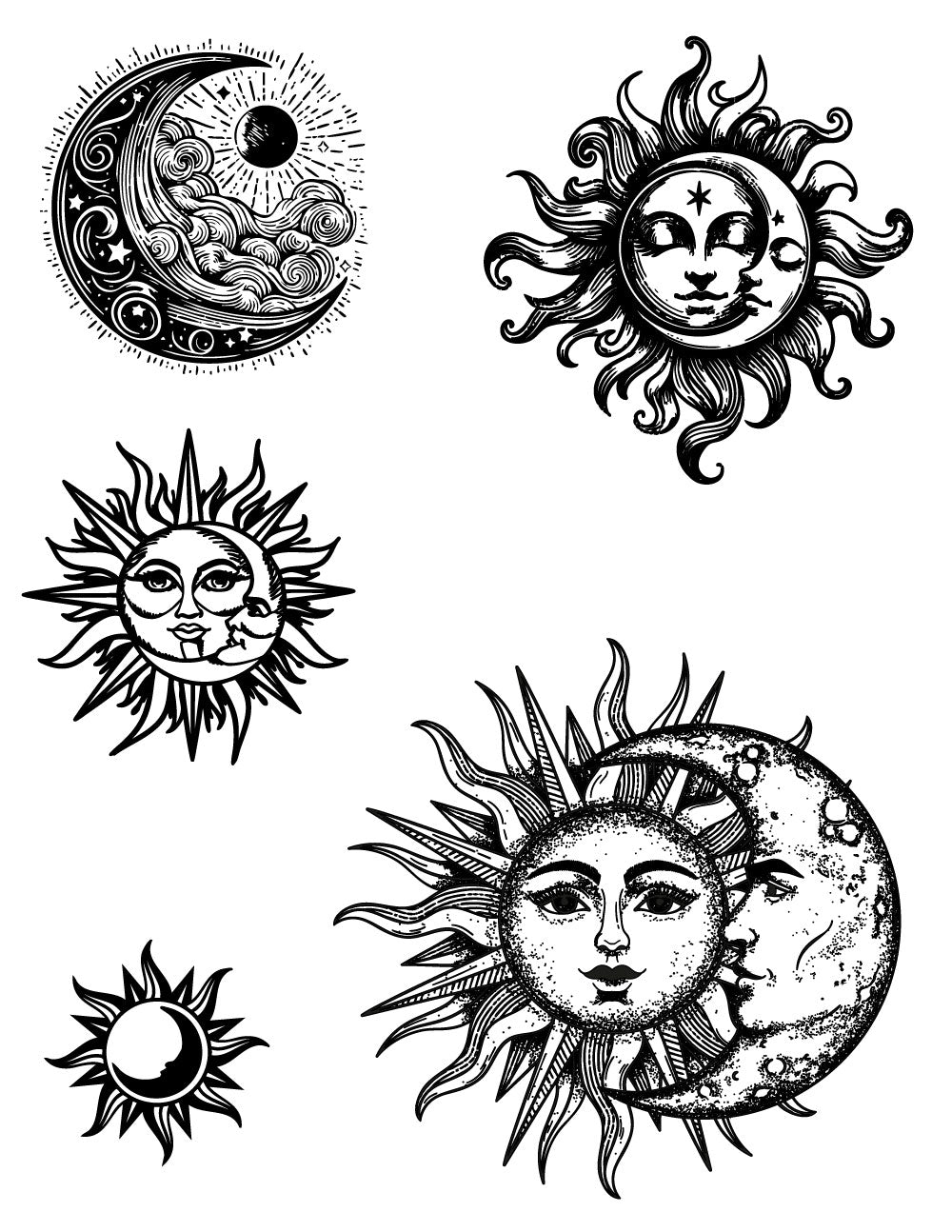Celestial sun and moon silk screen stencil set featuring mystical sun and moon artwork for fused glass and ceramic projects