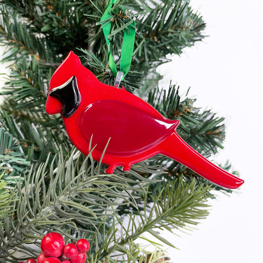 Fused glass cardinal christmas ornament