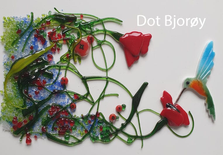 Precut glass shape of hummingbird in art piece by Dot Bjoroy.